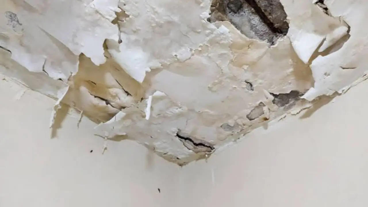 Water-damaged ceiling with peeling plaster in a corner