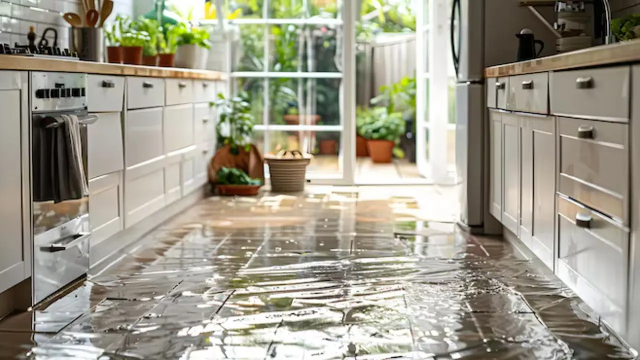Water spreading across a kitchen floor beside cabinets