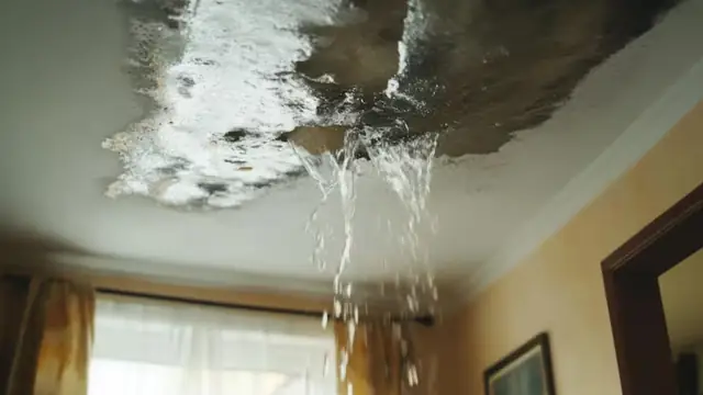 Water dripping through a sagging stained ceiling above a window