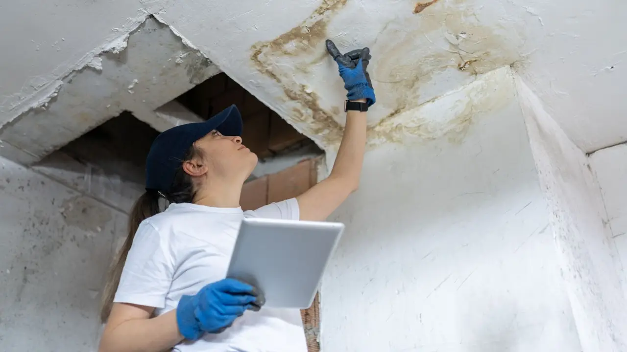 Inspector with a tablet pointing at water damage on a ceiling