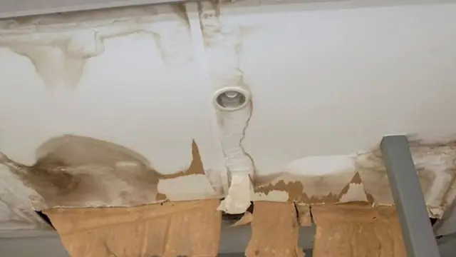 Water-stained ceiling with peeling paper and a light fixture