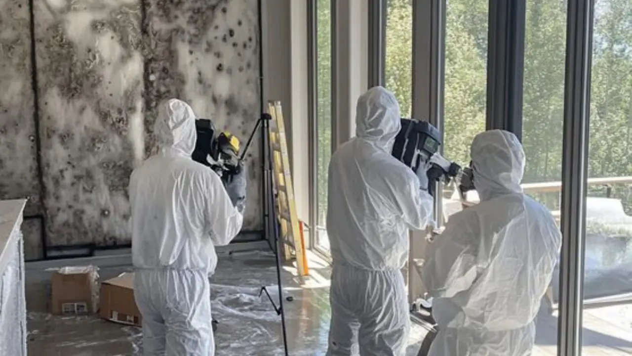 Three workers in protective suits documenting mold on a wall